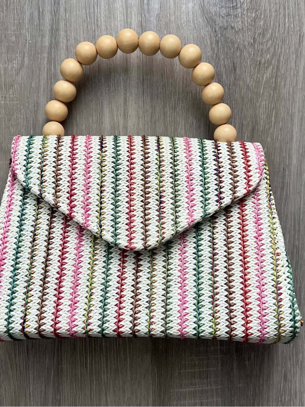 Handwoven Multicolor Straw Mini Bag with Wood Bead Handle